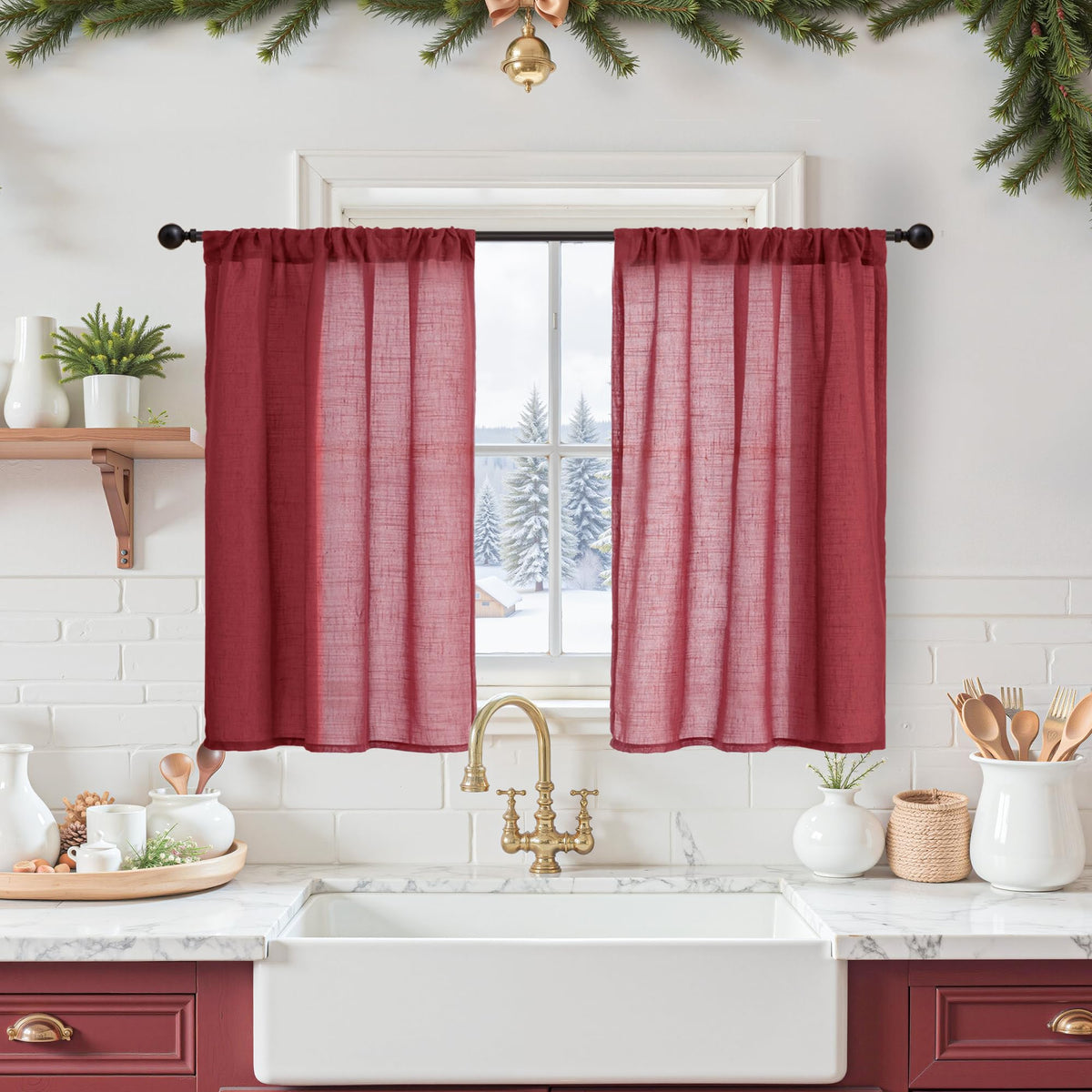BGment Linen Kitchen Window Curtains Over Sink, 36 Inch Length Cafe Drapes