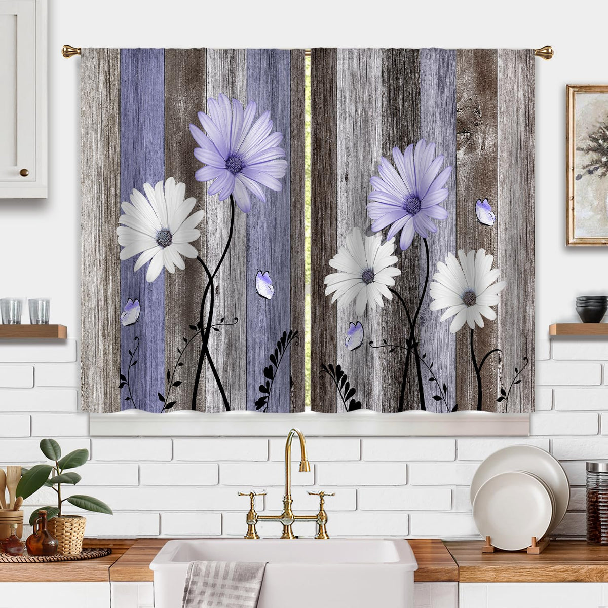 Farmhouse Sunflower Kitchen Curtain Rustic Small Short Cafe Window Curtains Country Wooden Barn Inspirational Bathroom Window Drapes Treatment Tier Curtains 2 Panels (27.5x39 Inch)