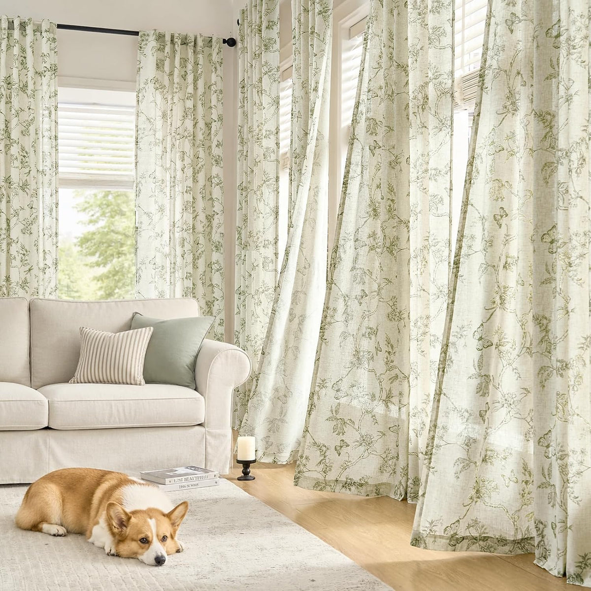 Lazzzy Green Floral Linen Curtains Farmhouse Rod Pocket 50W X 84L 2 Panels
