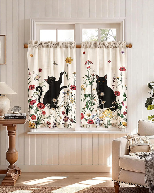 Miss Adola 36 Inch Length Kitchen Tier Curtains, Floral Cat