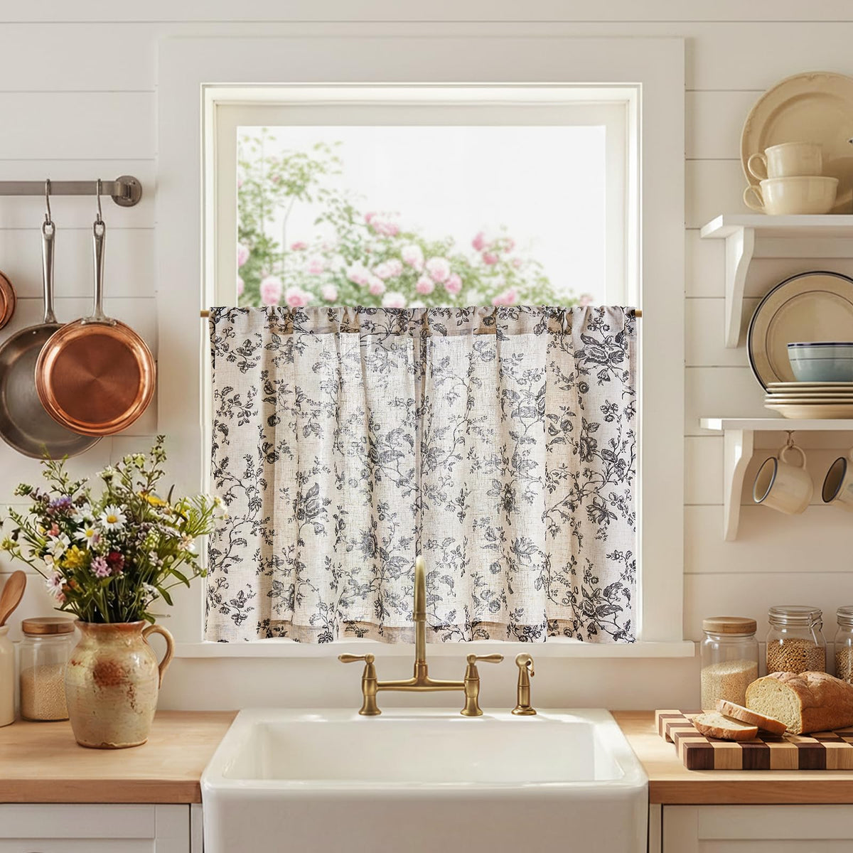 jinchan Floral Linen Kitchen Tier Curtains, 36 Inch, 2 Panels, Taupe