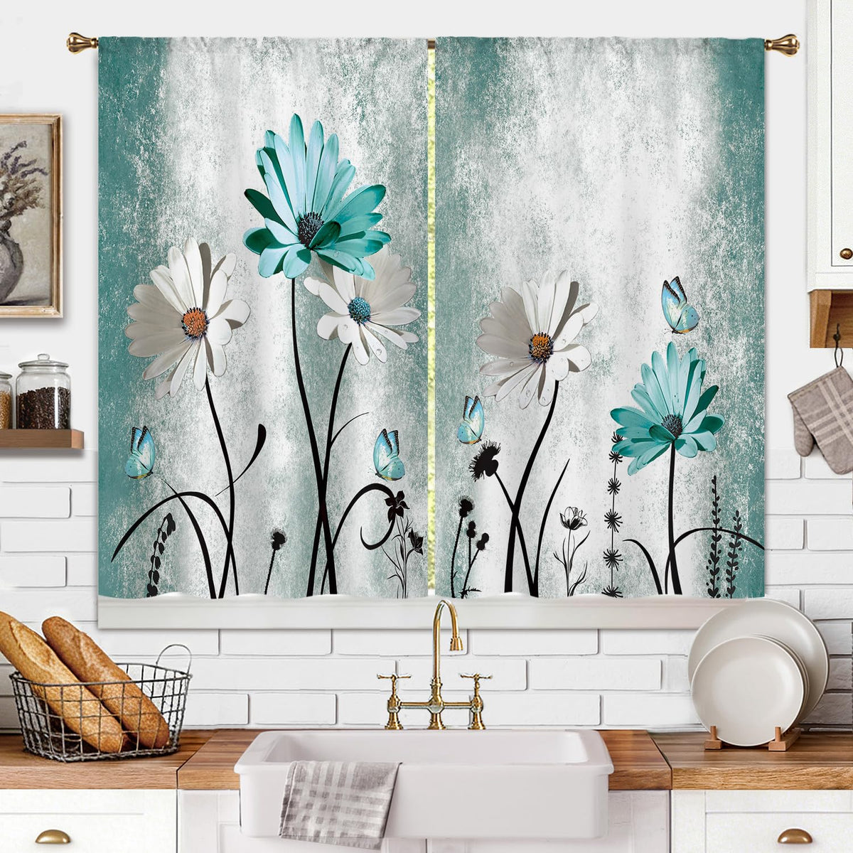 Farmhouse Sunflower Kitchen Curtain Rustic Small Short Cafe Window Curtains Country Wooden Barn Inspirational Bathroom Window Drapes Treatment Tier Curtains 2 Panels (27.5x39 Inch)