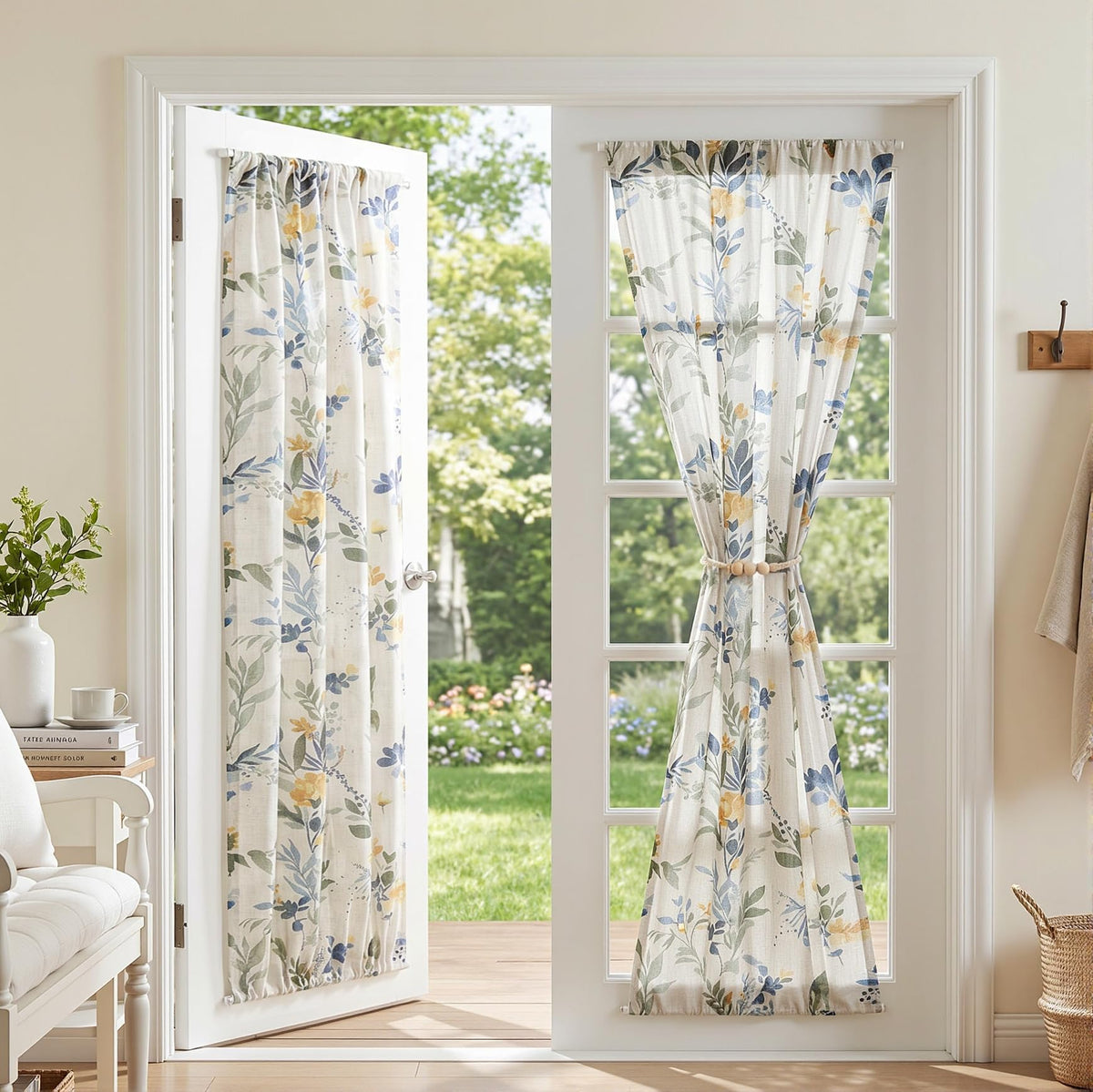 MYSKY HOME Floral Linen Kitchen Tier Curtains 36 Inch Long 2 Panels