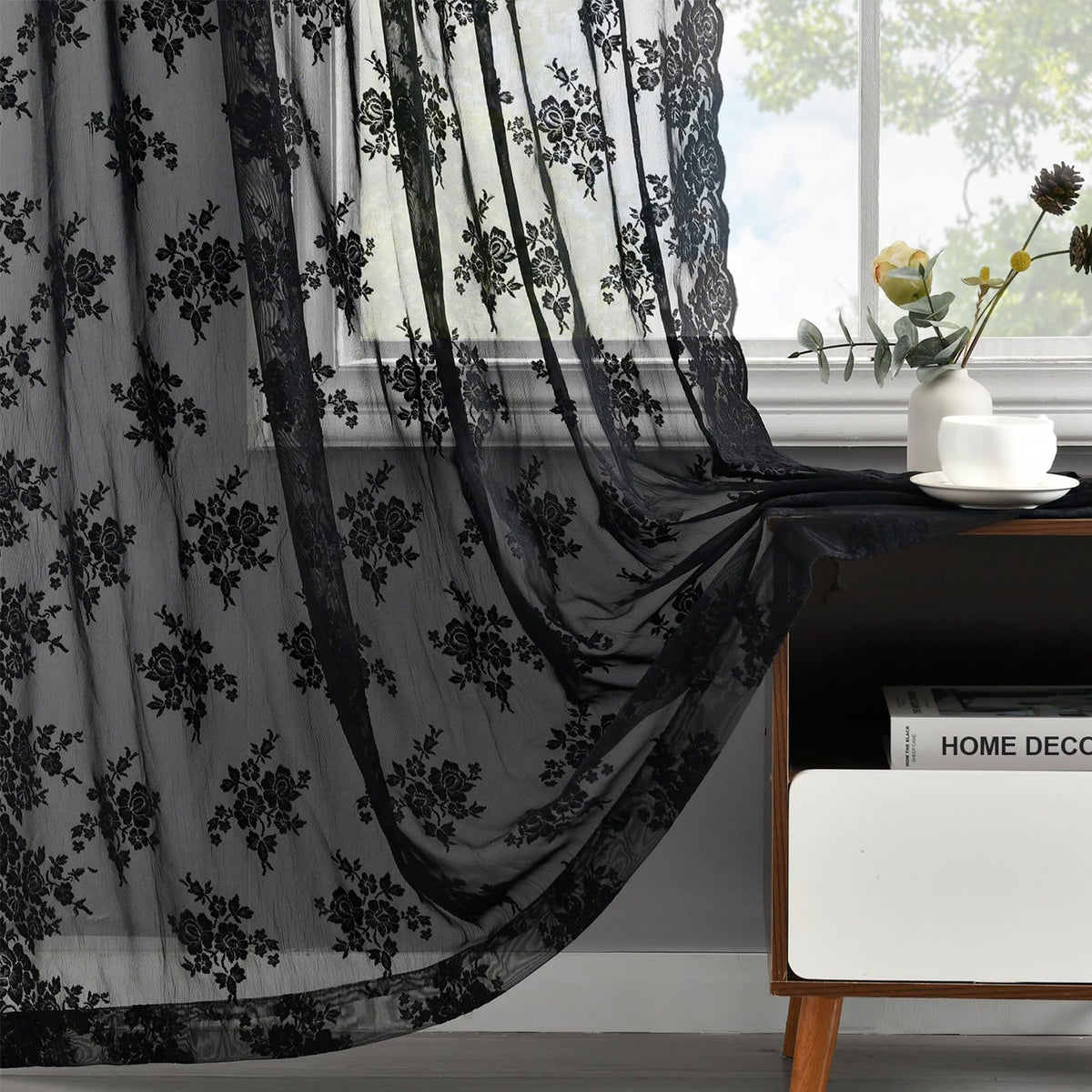 Kotile Short Beige Lace Curtains for Kitchen Windows W42xL45 Inch, 2 Panels