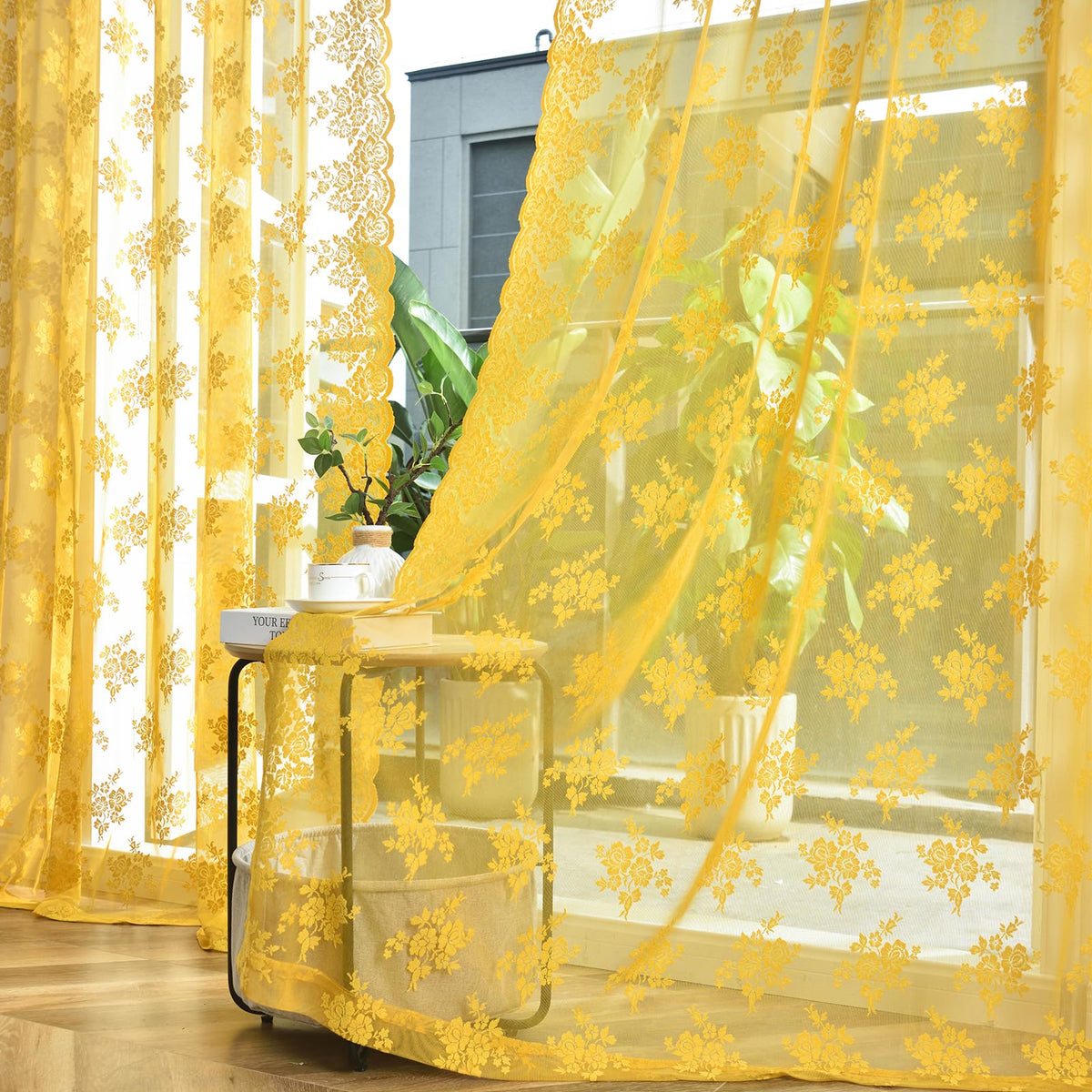 Kotile Short Beige Lace Curtains for Kitchen Windows W42xL45 Inch, 2 Panels