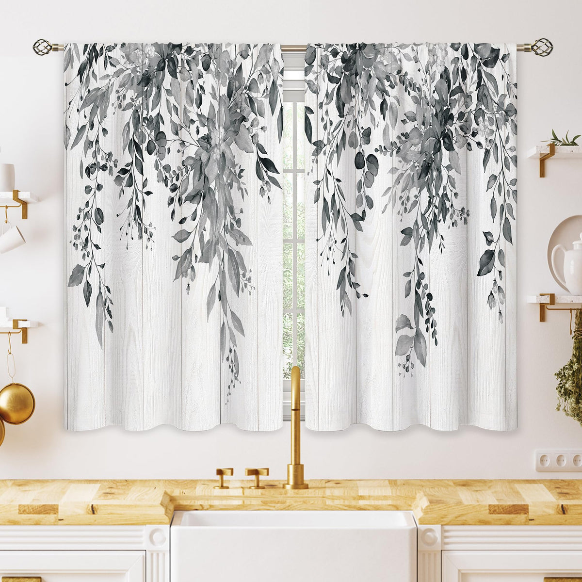 Eucalyptus Botanical Leaves Floral Kitchen Window Curtains Over Sink Boho Farmhouse Flower Leaf Small Window Treatment Sage Green Cafe Short Curtains for Bathroom Tier Drapes 27.5x39 inch