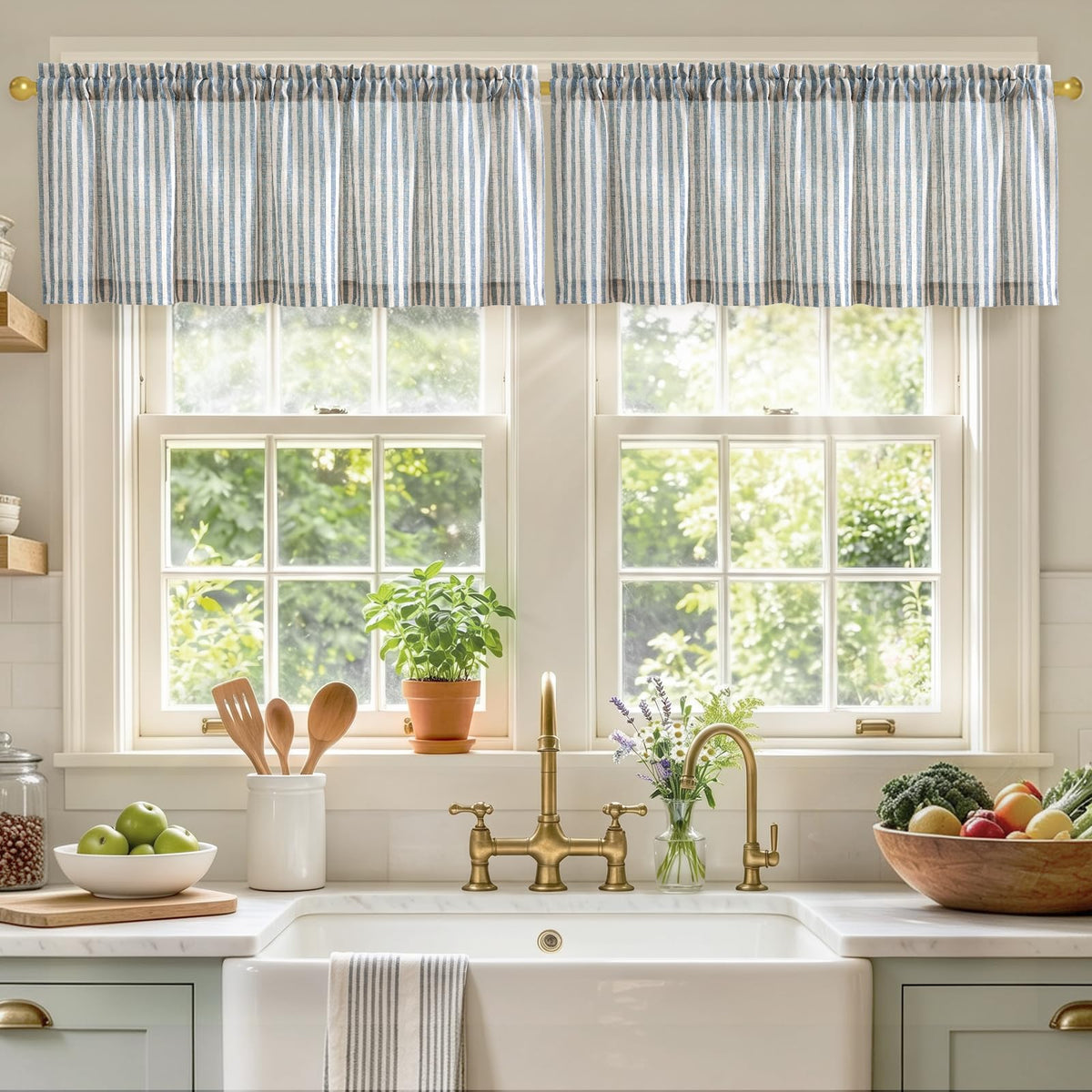 jinchan Linen Boxter Stripe Valances for Window 16 inch,Sage Green,1 Panel