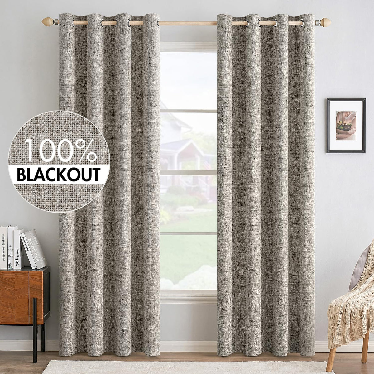 MIULEE 100% Blackout Linen Curtains for Bedroom 52x54 Inches Natural Beige