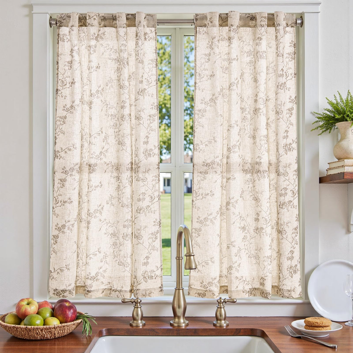 jinchan Floral Linen Kitchen Tier Curtains, 36 Inch, 2 Panels, Taupe