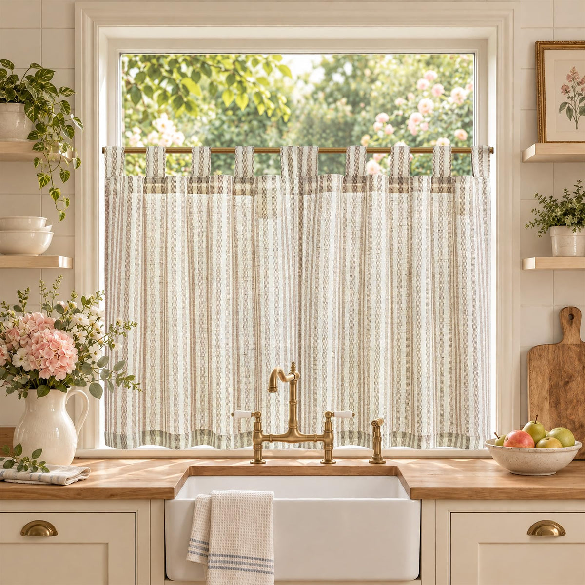 jinchan Striped Linen Kitchen Tier Curtains, 30 Inch, Sage Green, 2 Panels