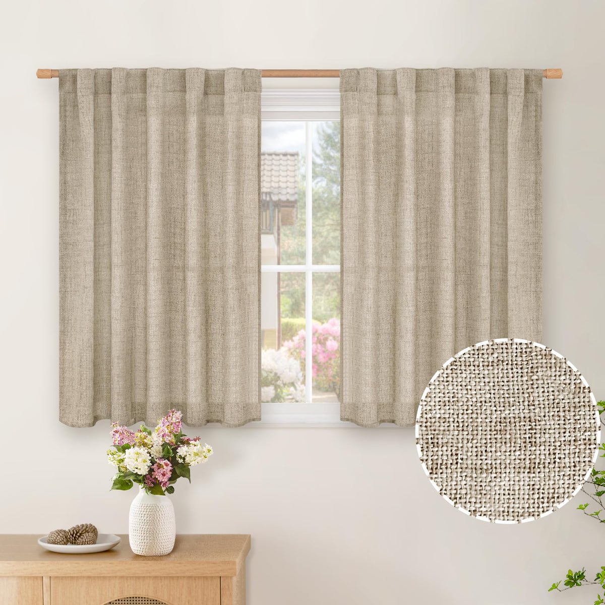 BGment White Linen Kitchen Curtains 40 Inch Length for Short Window