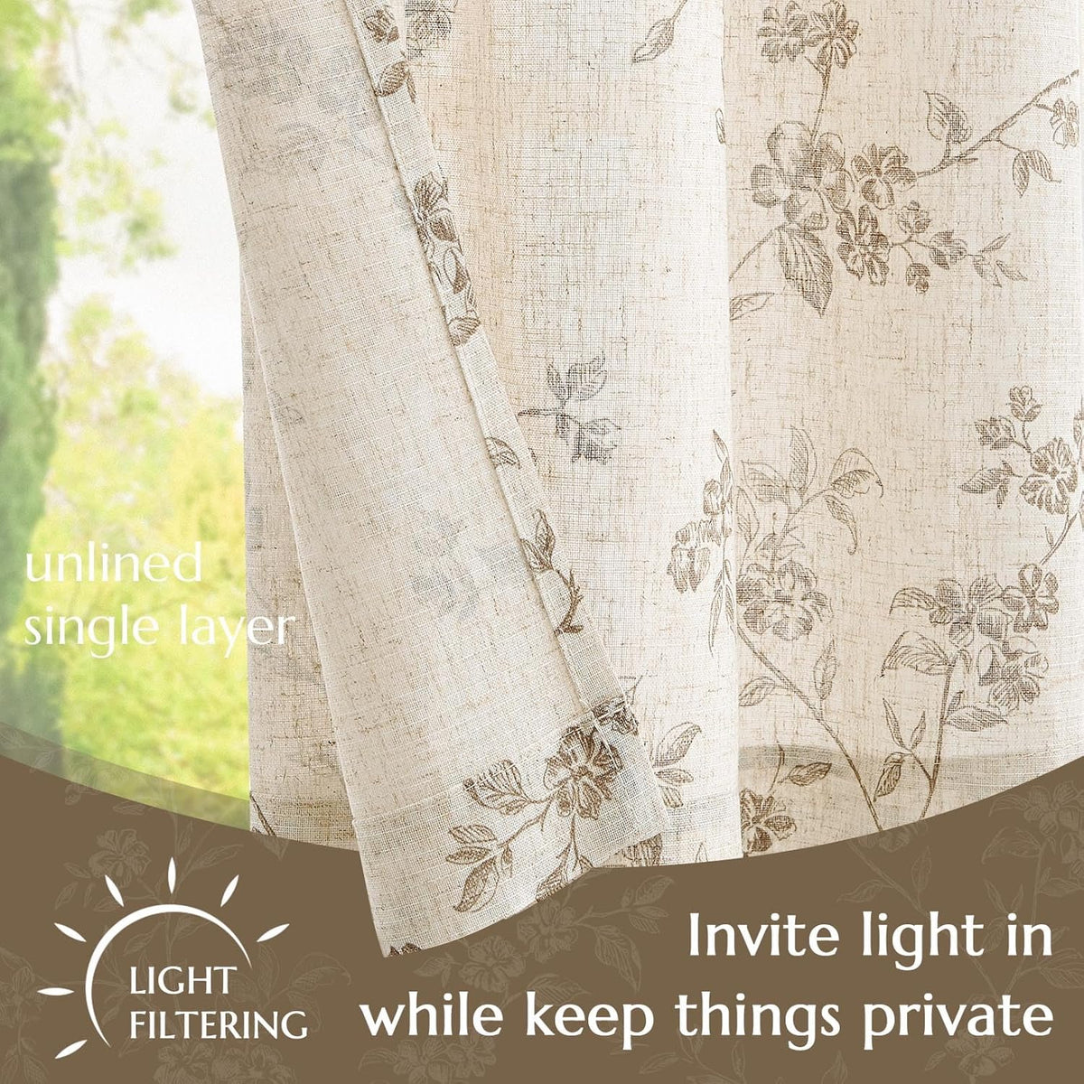 jinchan Floral Linen Kitchen Tier Curtains, 36 Inch, 2 Panels, Taupe