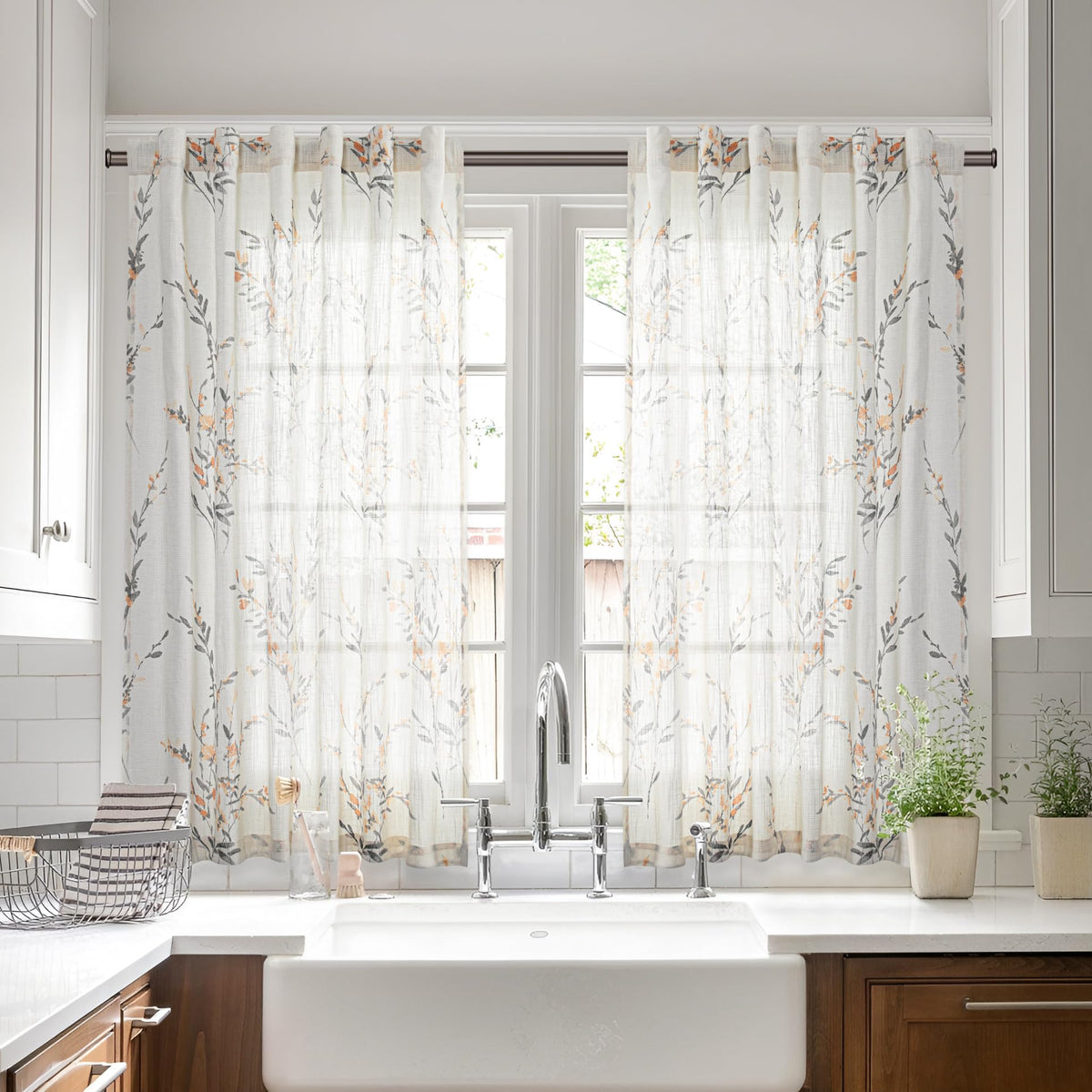 MYSKY HOME Floral Linen Kitchen Tier Curtains 36 Inch Long 2 Panels