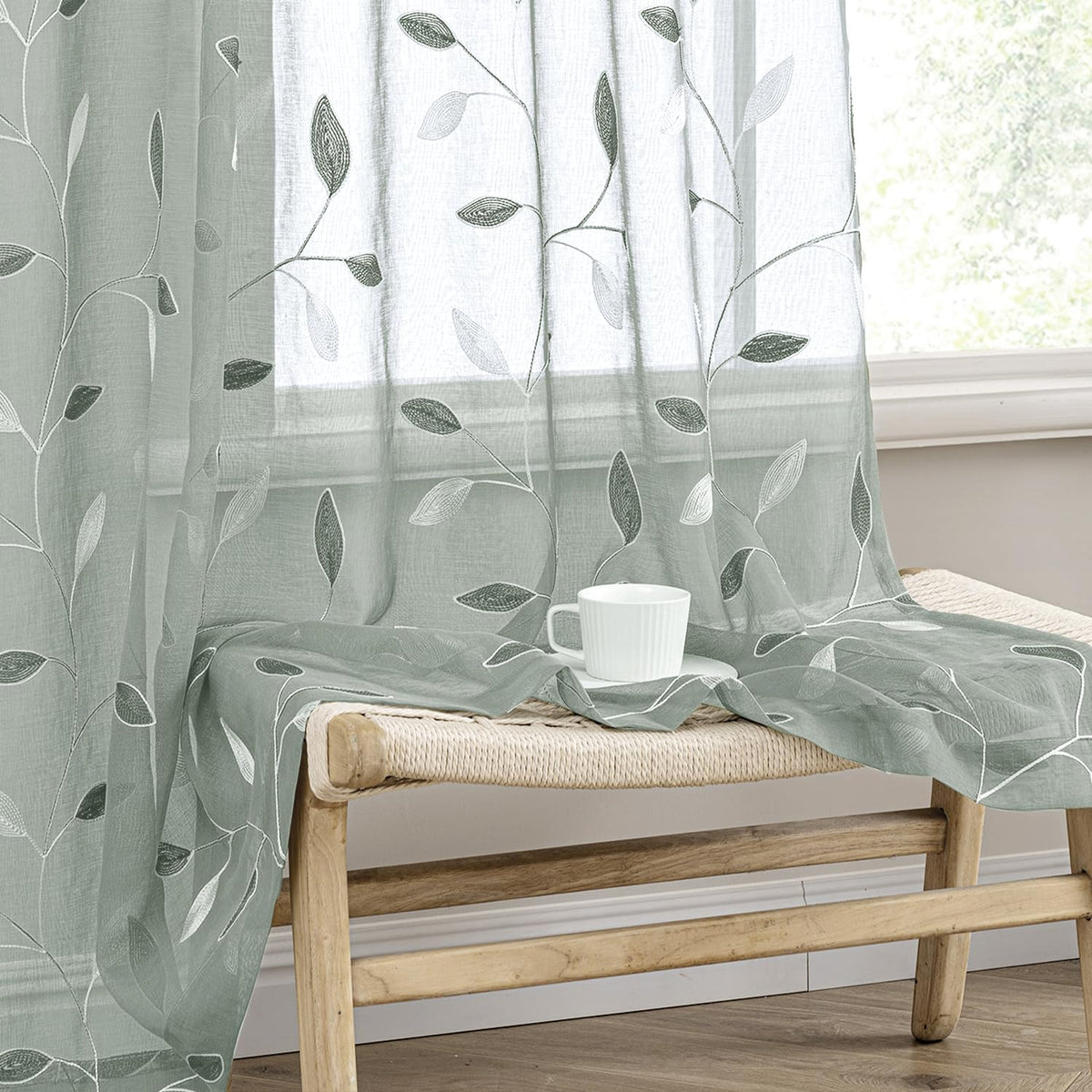 MIULEE Beige Sheer Curtains 2 Panels Embroidered Leaf Patterned, W52 x L63