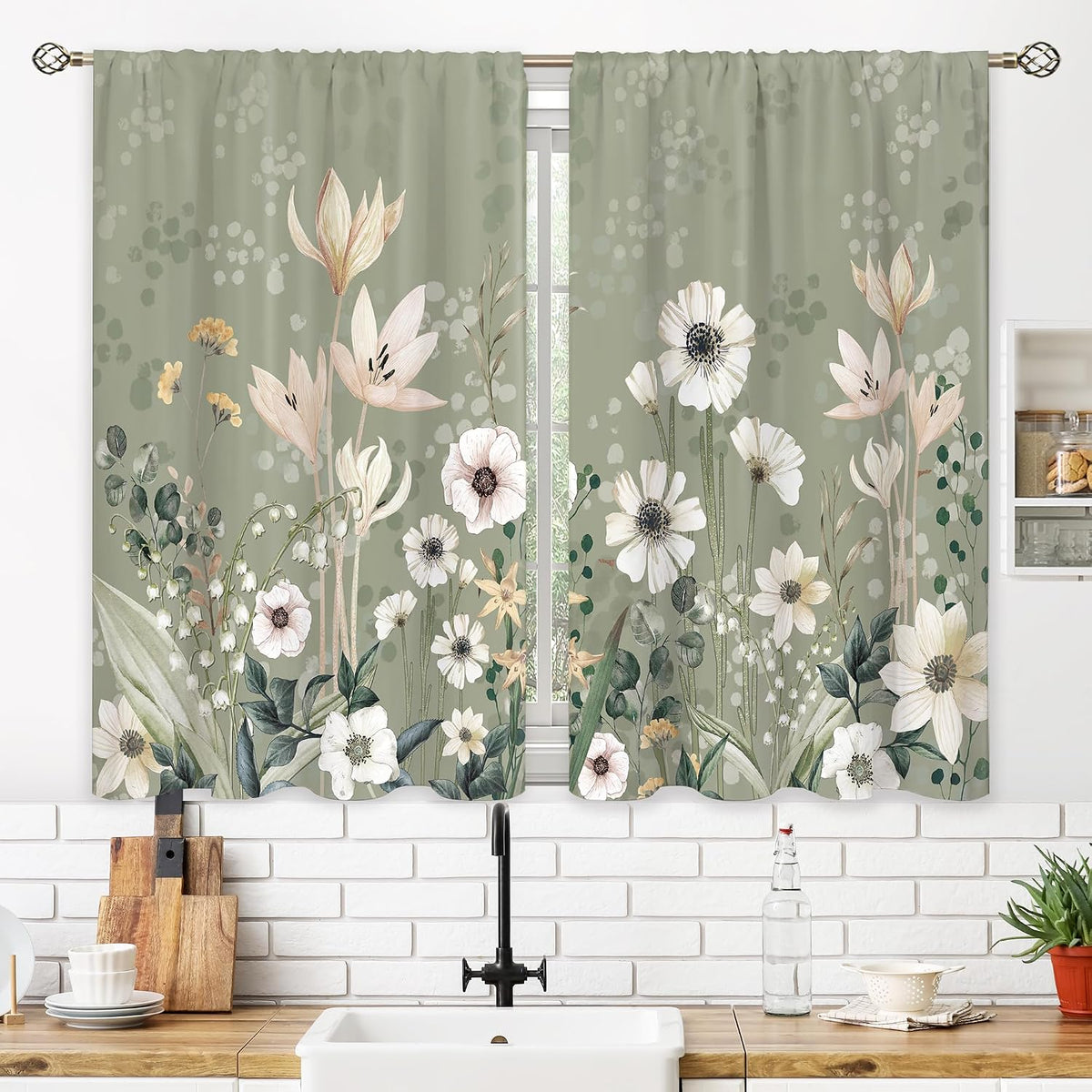 Green Boho Flower Small Kitchen Curtains Flower Plant Window Treatment Botanical Herb Chic Rod Pocket Cafe Short Window Curtains for Bathroom Dining Room Tier Treatment Drapes 27.5x39 inch