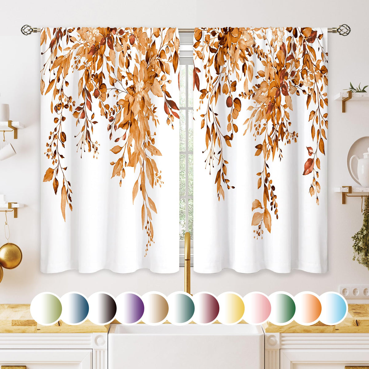 Eucalyptus Botanical Leaves Floral Kitchen Window Curtains Over Sink Boho Farmhouse Flower Leaf Small Window Treatment Sage Green Cafe Short Curtains for Bathroom Tier Drapes 27.5x39 inch