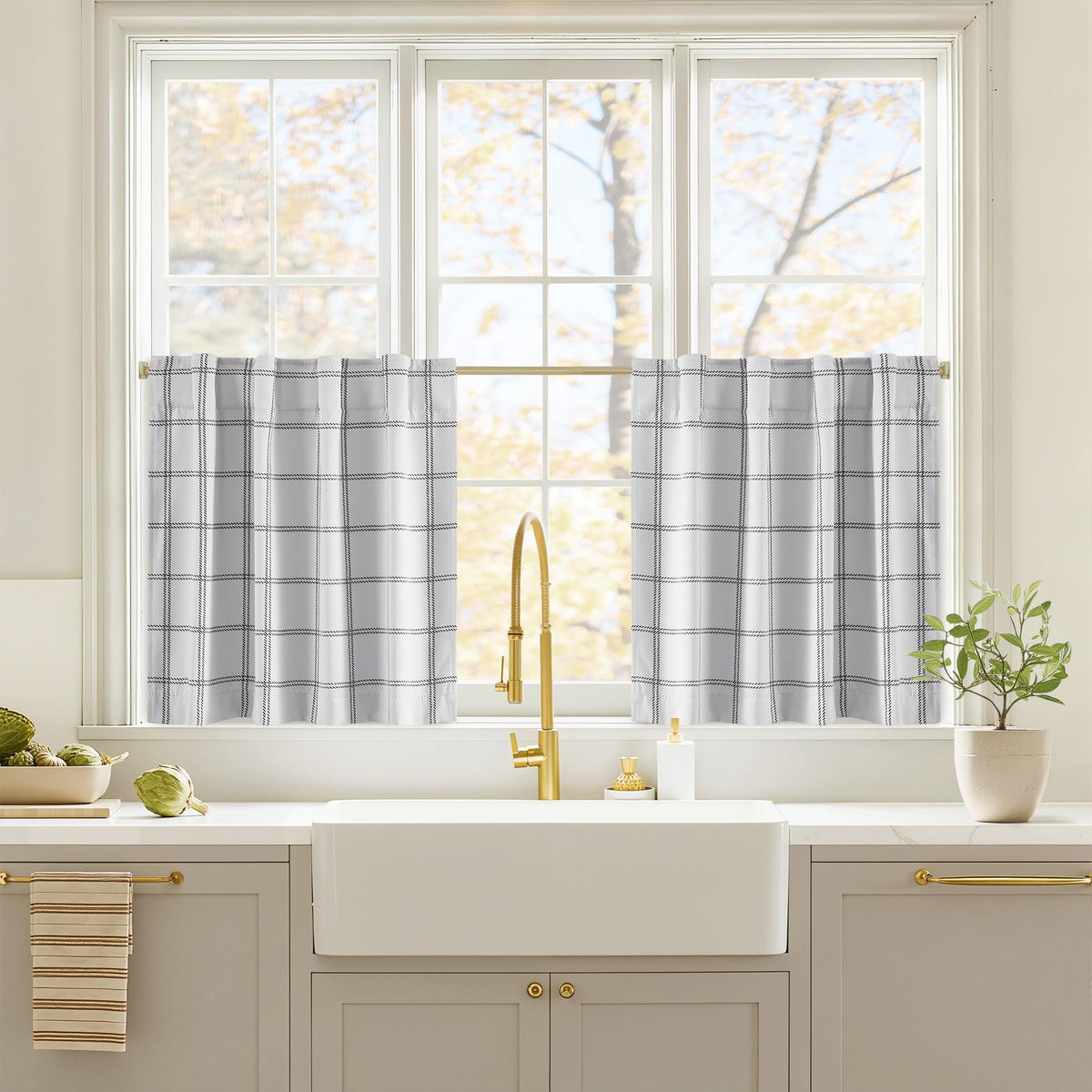 NICETOWN Olive Green Farmhouse Gingham Tiers Kitchen 100% Blackout Curtains