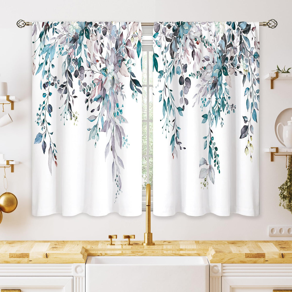 Eucalyptus Botanical Leaves Floral Kitchen Window Curtains Over Sink Boho Farmhouse Flower Leaf Small Window Treatment Sage Green Cafe Short Curtains for Bathroom Tier Drapes 27.5x39 inch
