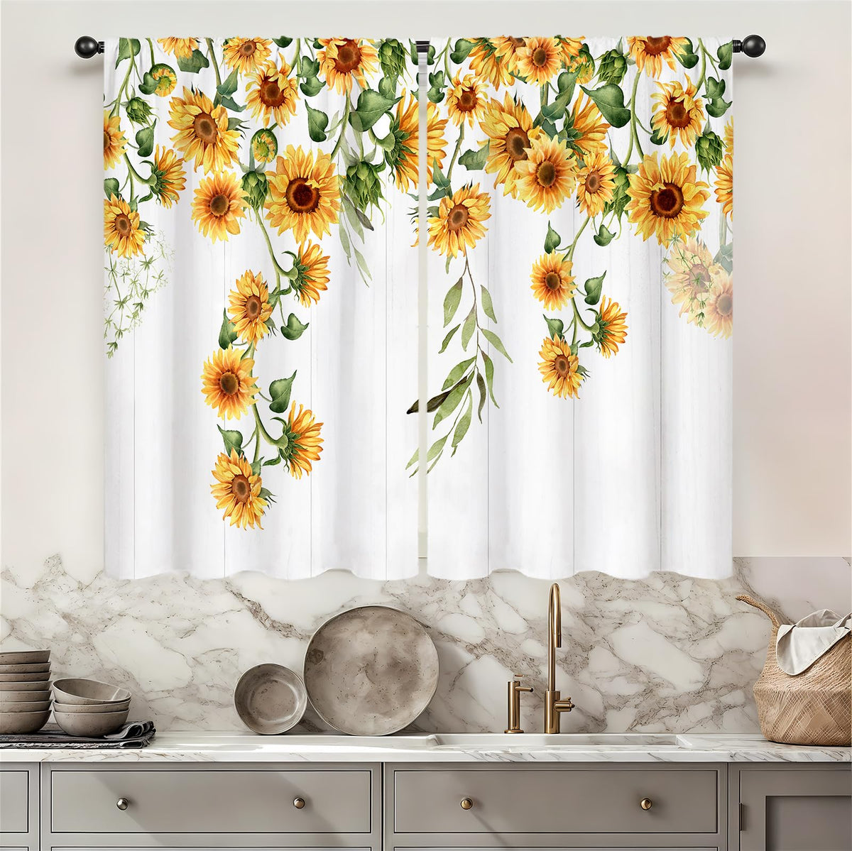 Yellow Sunflower Kitchen Curtains 42W X 63L Inch 2 Panels Rod Pocket Country Rustic Floral Flower Butterfly Farmhouse Over Sink Small Short Cafe Tier Window Treatment Bathroom Decor