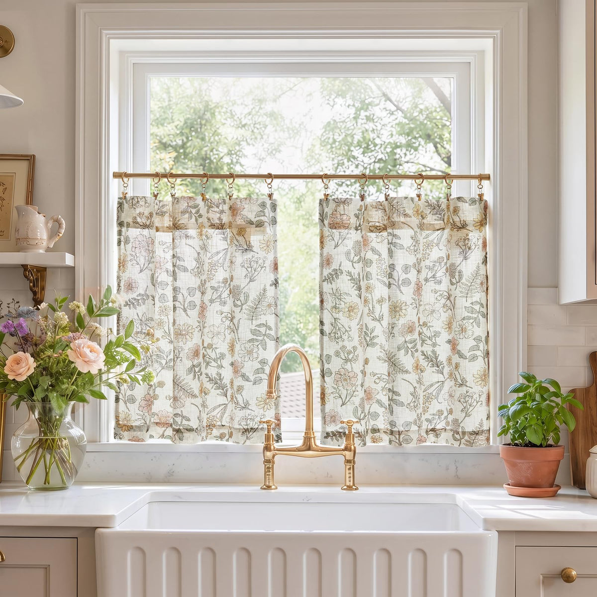jinchan Floral Kitchen Tier Curtains 24 Inch 2 Panels Sage Green on Beige