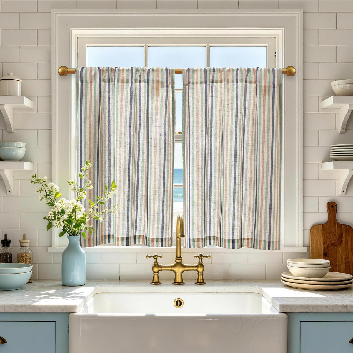 jinchan Striped Linen Kitchen Tier Curtains, 20 Inch, Tan, 2 Panels