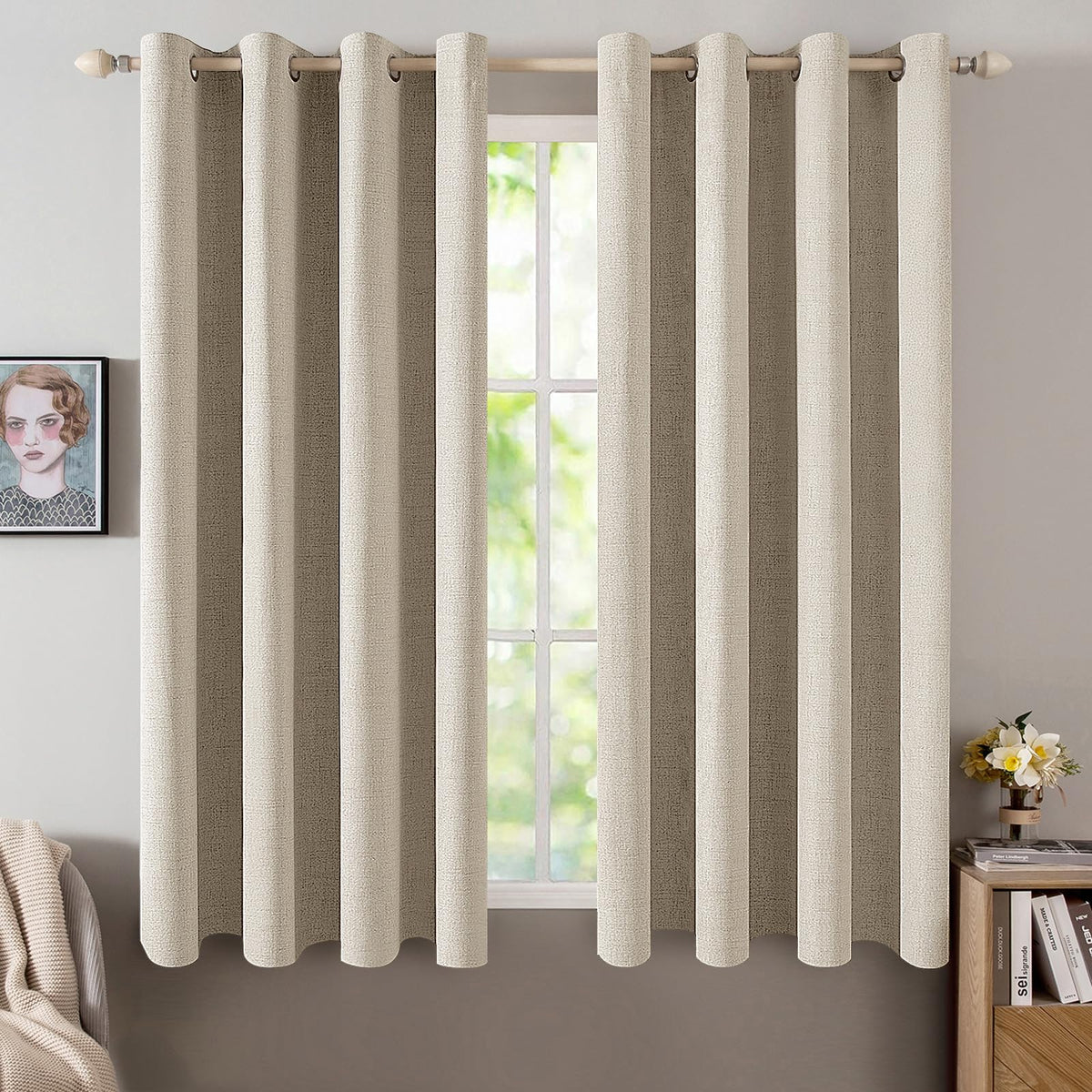 MIULEE 100% Blackout Linen Curtains for Bedroom 52x54 Inches Natural Beige