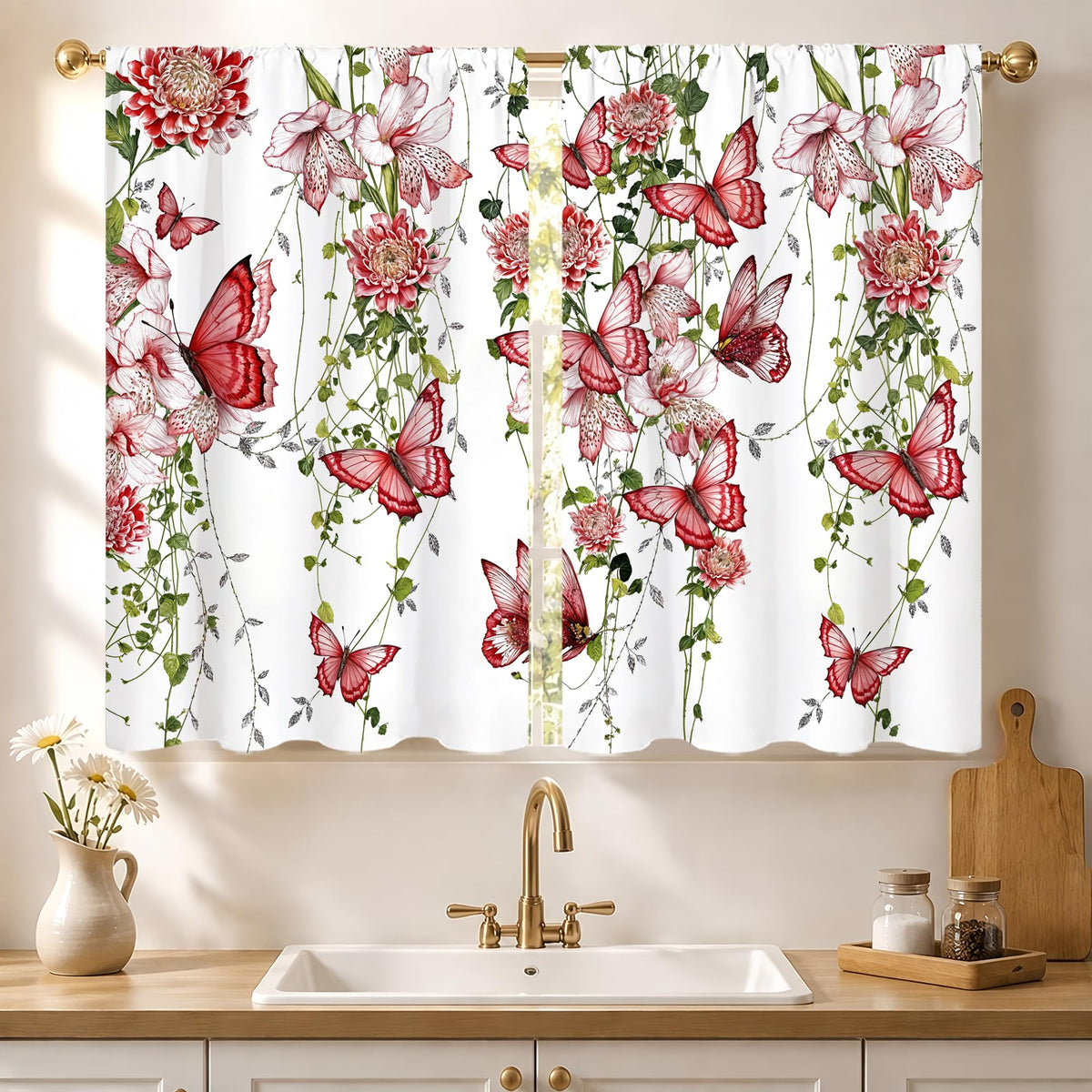 Yellow Sunflower Kitchen Curtains 42W X 63L Inch 2 Panels Rod Pocket Country Rustic Floral Flower Butterfly Farmhouse Over Sink Small Short Cafe Tier Window Treatment Bathroom Decor