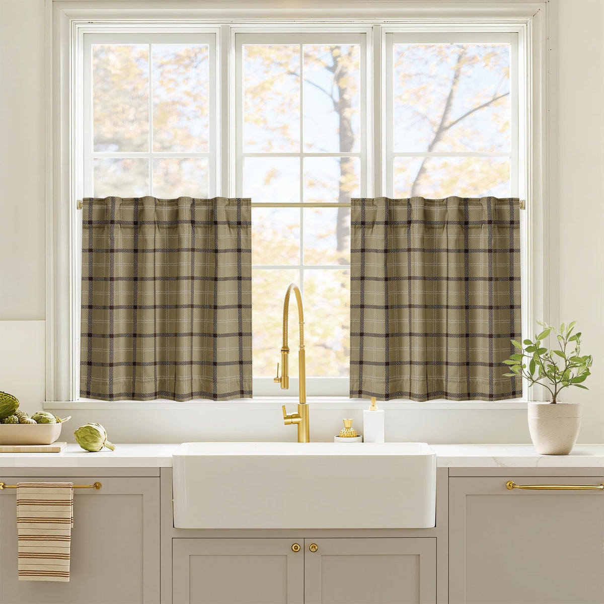 NICETOWN Olive Green Farmhouse Gingham Tiers Kitchen 100% Blackout Curtains