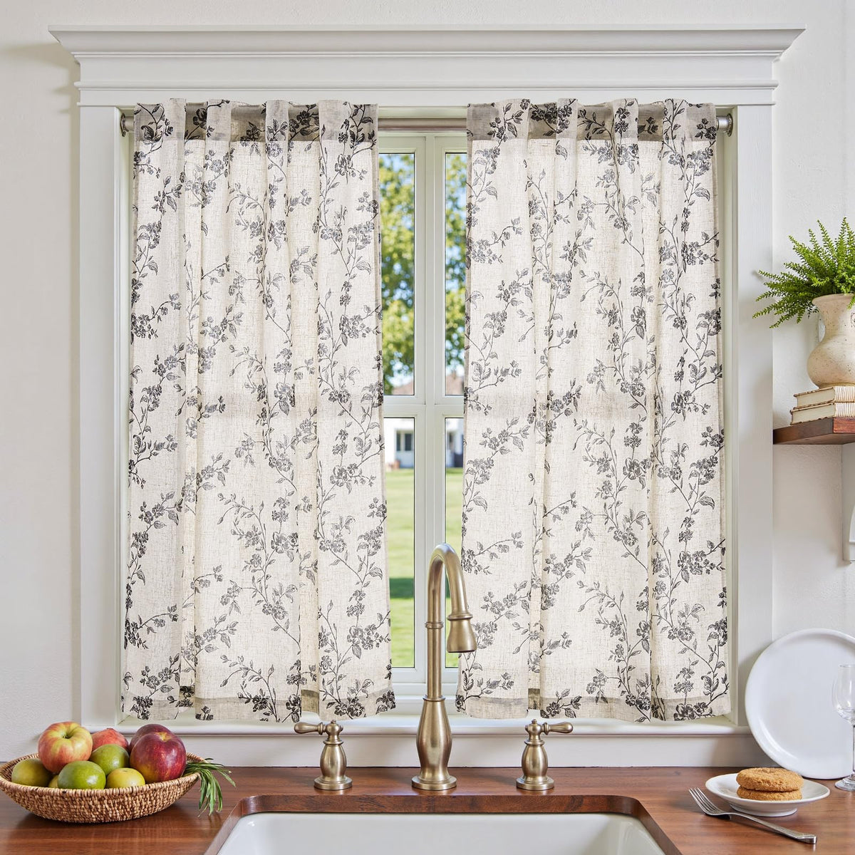 jinchan Floral Linen Kitchen Tier Curtains, 36 Inch, 2 Panels, Taupe
