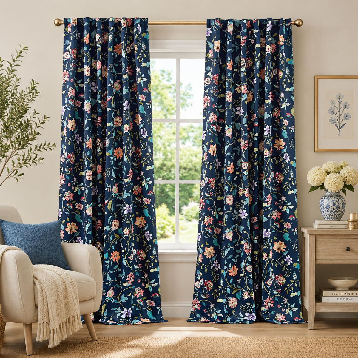 jinchan Black Boho Floral Blackout Curtains 84 Inch Grommet 2 Panels