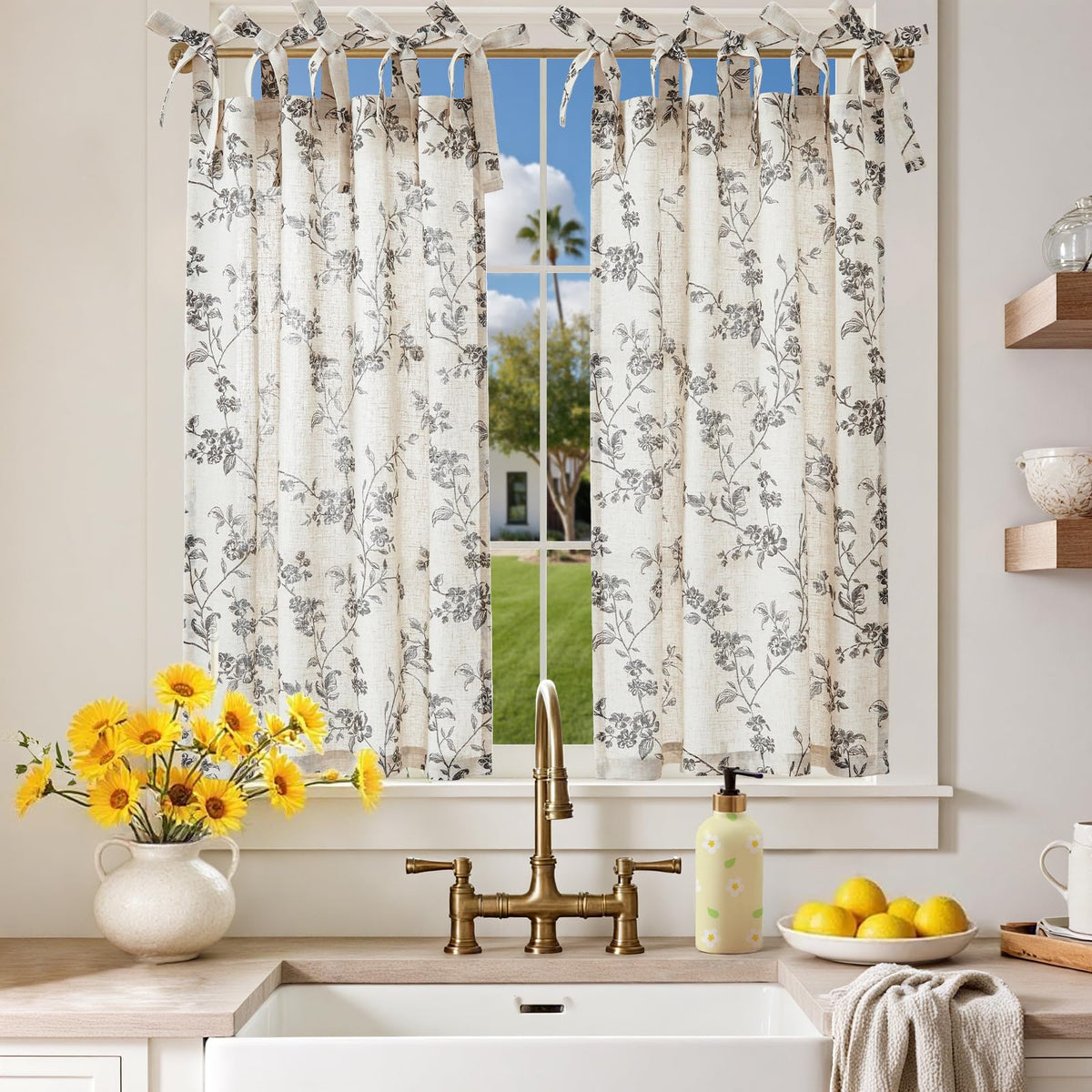 jinchan Solid Linen Kitchen Tier Curtains 24 Inches Tie Top 2 Panles Crude