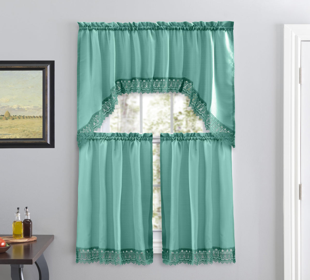 American Linen 3-Piece Kitchen Café Curtains with Embroidered Lace (White)