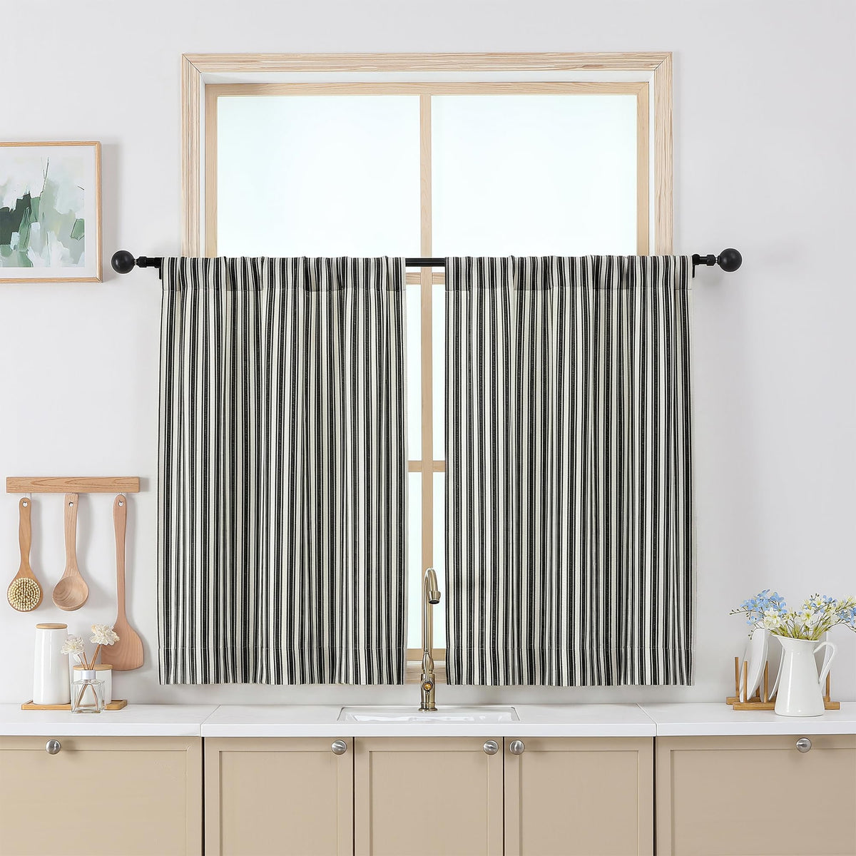 Chyhomenyc Striped Short Curtains 36 Inch Length - Light Filtering Faux Linen Living Room Tier Half Window Curtains, Farmhouse Modern Boho Curtain for Bathroom, 30Wx36L, 2 Pieces, Stone Blue