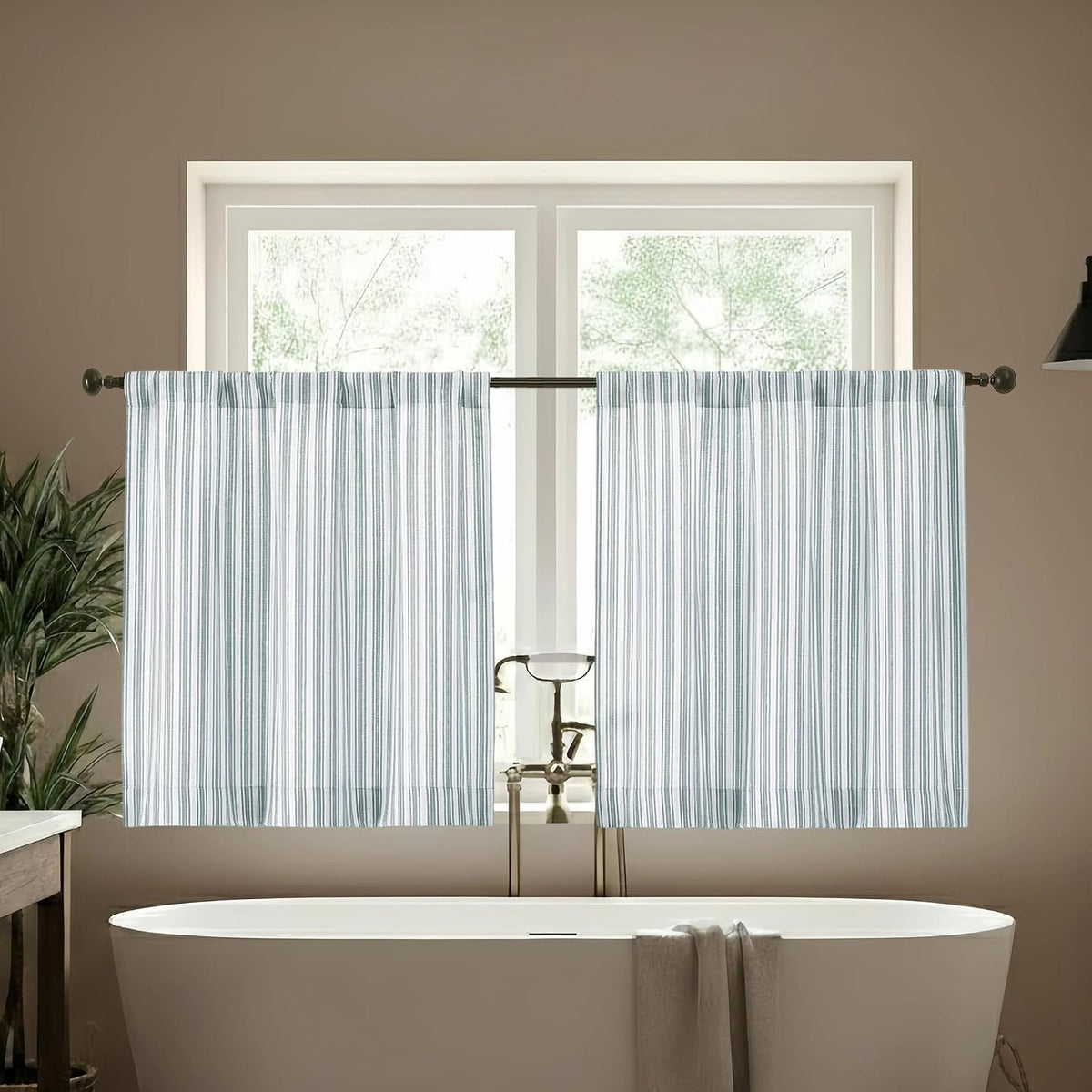 Chyhomenyc Striped Short Curtains 36 Inch Length - Light Filtering Faux Linen Living Room Tier Half Window Curtains, Farmhouse Modern Boho Curtain for Bathroom, 30Wx36L, 2 Pieces, Stone Blue