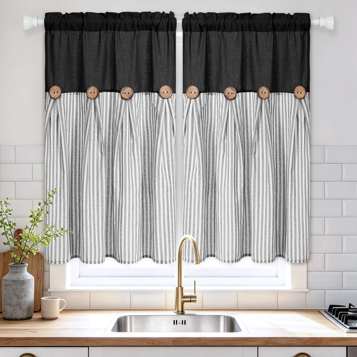 BLEUM CADE Farmhouse Kitchen Curtains 36 Inch, Cotton Linen Cafe Curtains with Rustic Buttons, Boho Small Window Curtains for Bathroom, Green Stripe Half Window Drapes Over Sink, 2 Panels