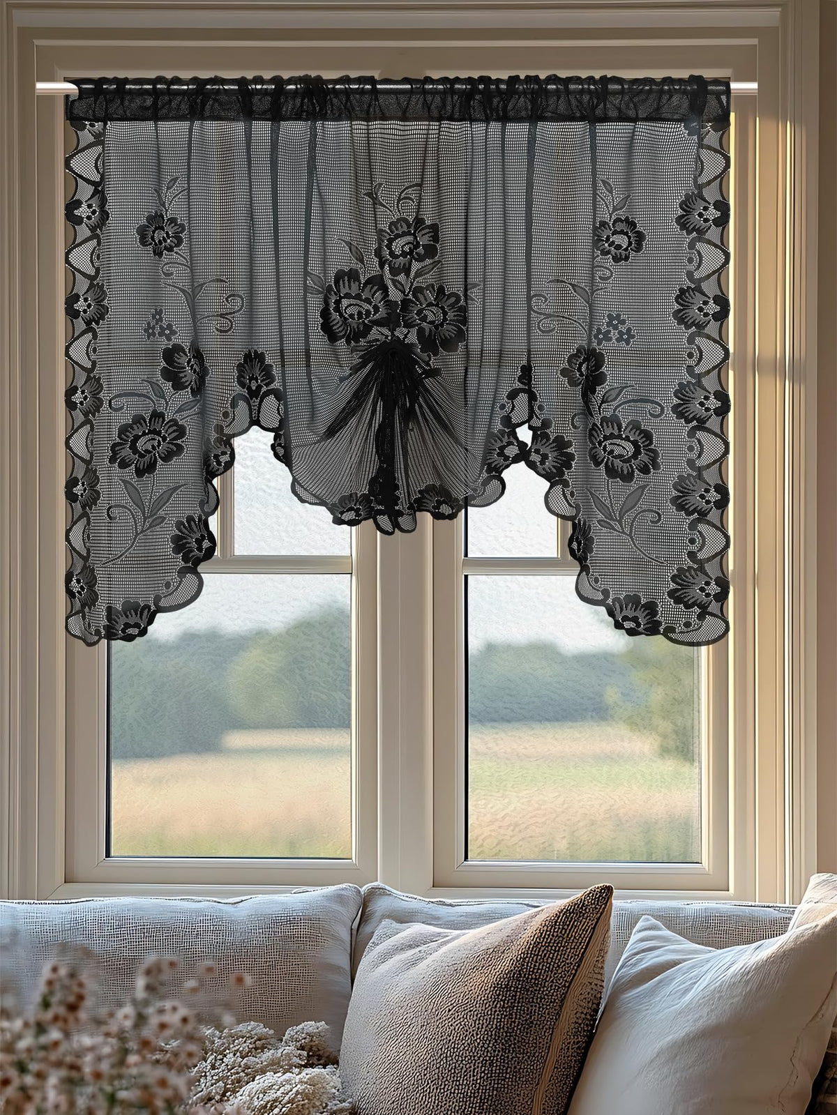 Jayla Beige Semi-Sheer Floral Lace Curtain Swag for Kitchen Half Window Bathroom Decoration Rod Pocket,39 x 39 Inch, 1 Panel