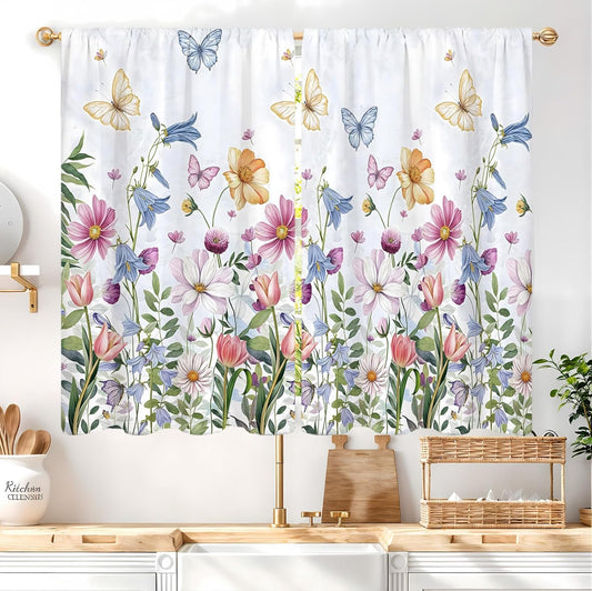 Watercolor Floral Spring Colorful Flower Kitchen Curtains 27.5W X 39L Inch 2 Panels Wildflower Summer Butterfly Small Cafe Tier Short Morning Glory Window Treatment Drapes Bathroom Home Decor