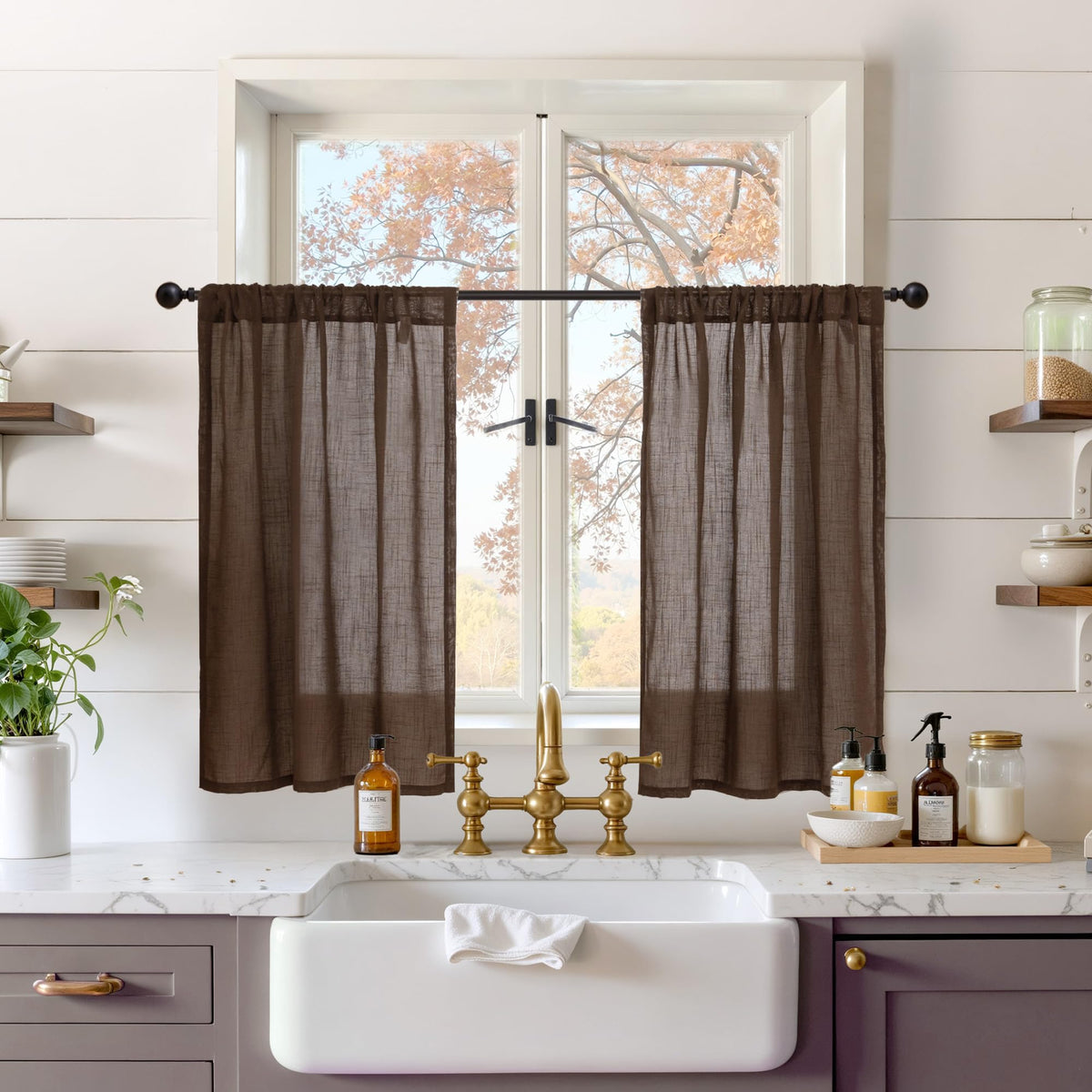 BGment Linen Kitchen Window Curtains Over Sink, 36 Inch Length Cafe Drapes