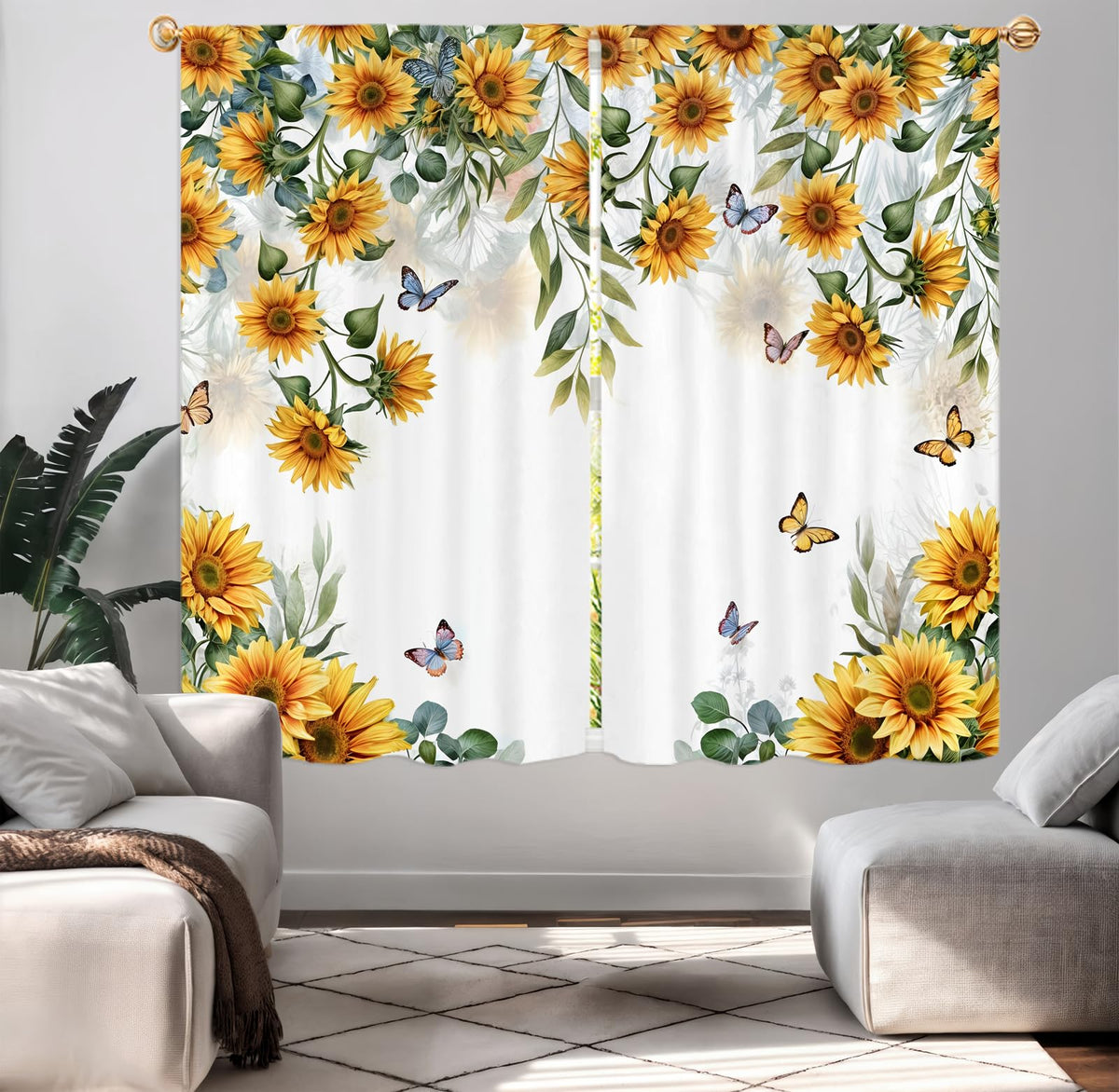 Yellow Sunflower Kitchen Curtains 42W X 63L Inch 2 Panels Rod Pocket Country Rustic Floral Flower Butterfly Farmhouse Over Sink Small Short Cafe Tier Window Treatment Bathroom Decor
