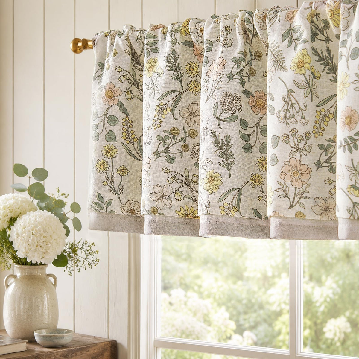 jinchan Floral Linen Kitchen Valance Curtain, 50x16, 1 Panel, Black