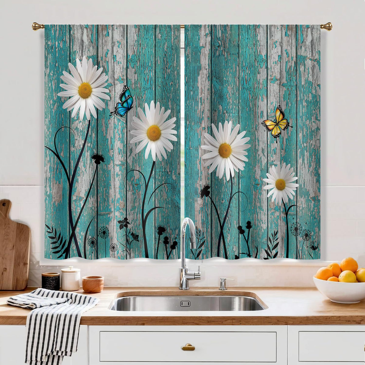 Farmhouse Sunflower Kitchen Curtain Rustic Small Short Cafe Window Curtains Country Wooden Barn Inspirational Bathroom Window Drapes Treatment Tier Curtains 2 Panels (27.5x39 Inch)