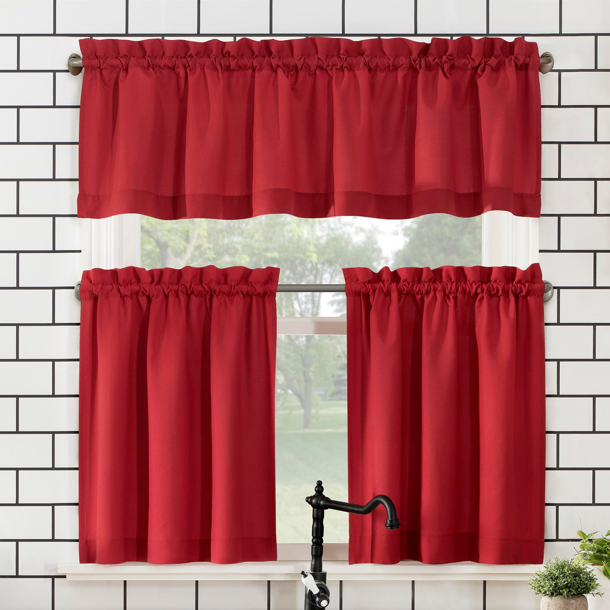 No. 918 Martine Microfiber Semi-Sheer Rod Pocket Kitchen Curtain Valance and Tiers Set, 54" x 36", Red