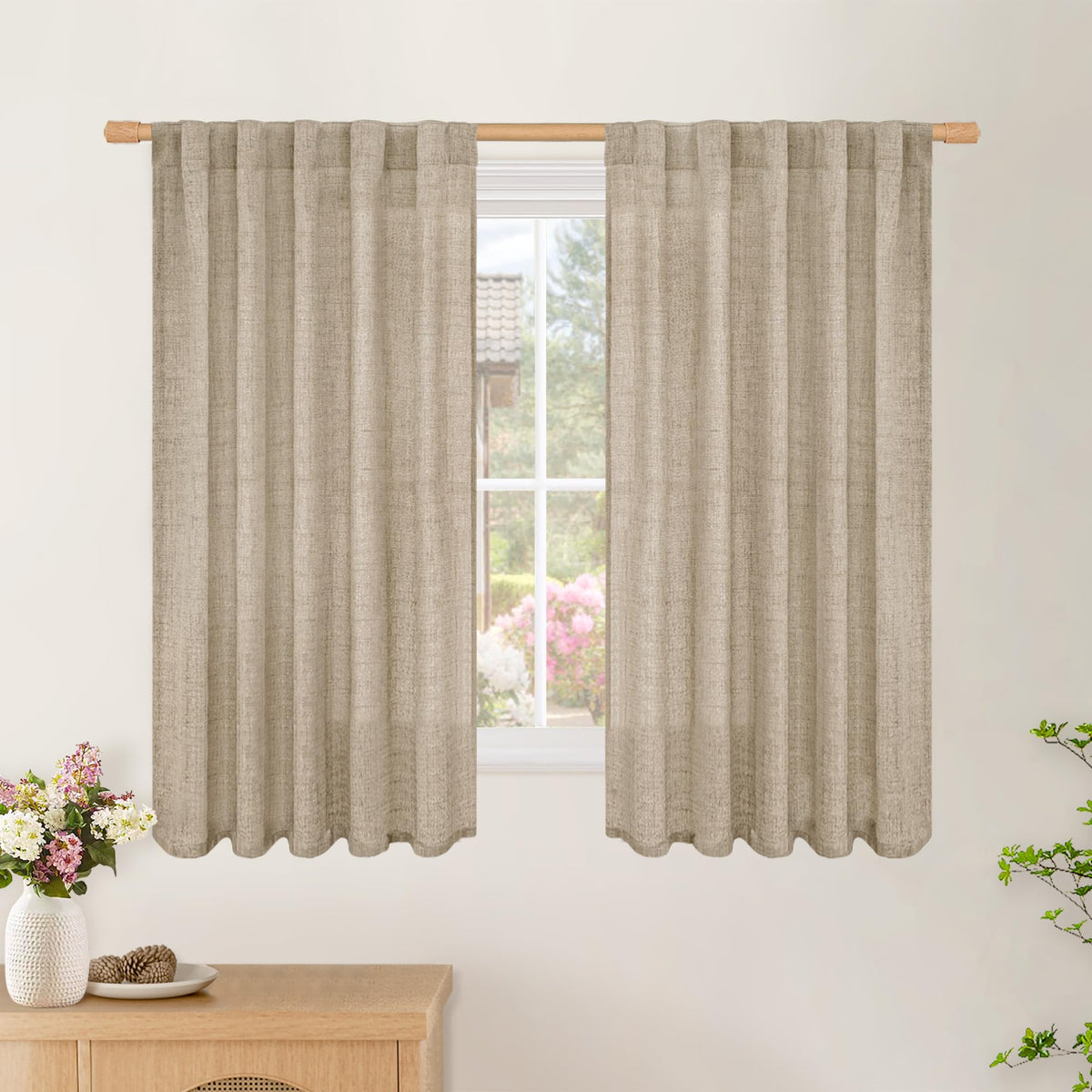 BGment White Linen Kitchen Curtains 40 Inch Length for Short Window