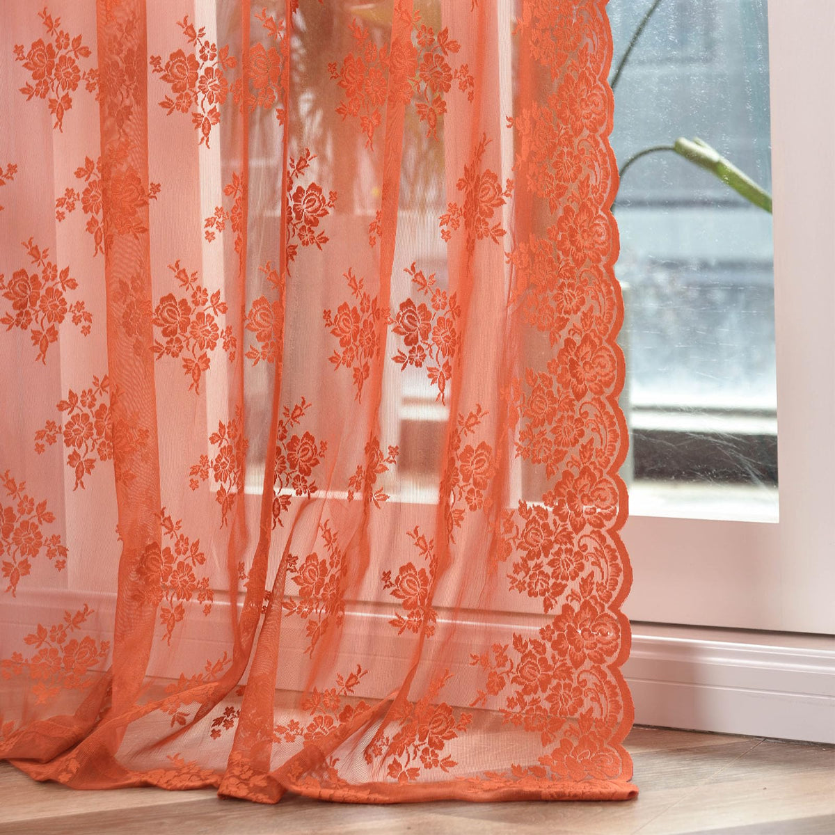 Kotile Short Beige Lace Curtains for Kitchen Windows W42xL45 Inch, 2 Panels