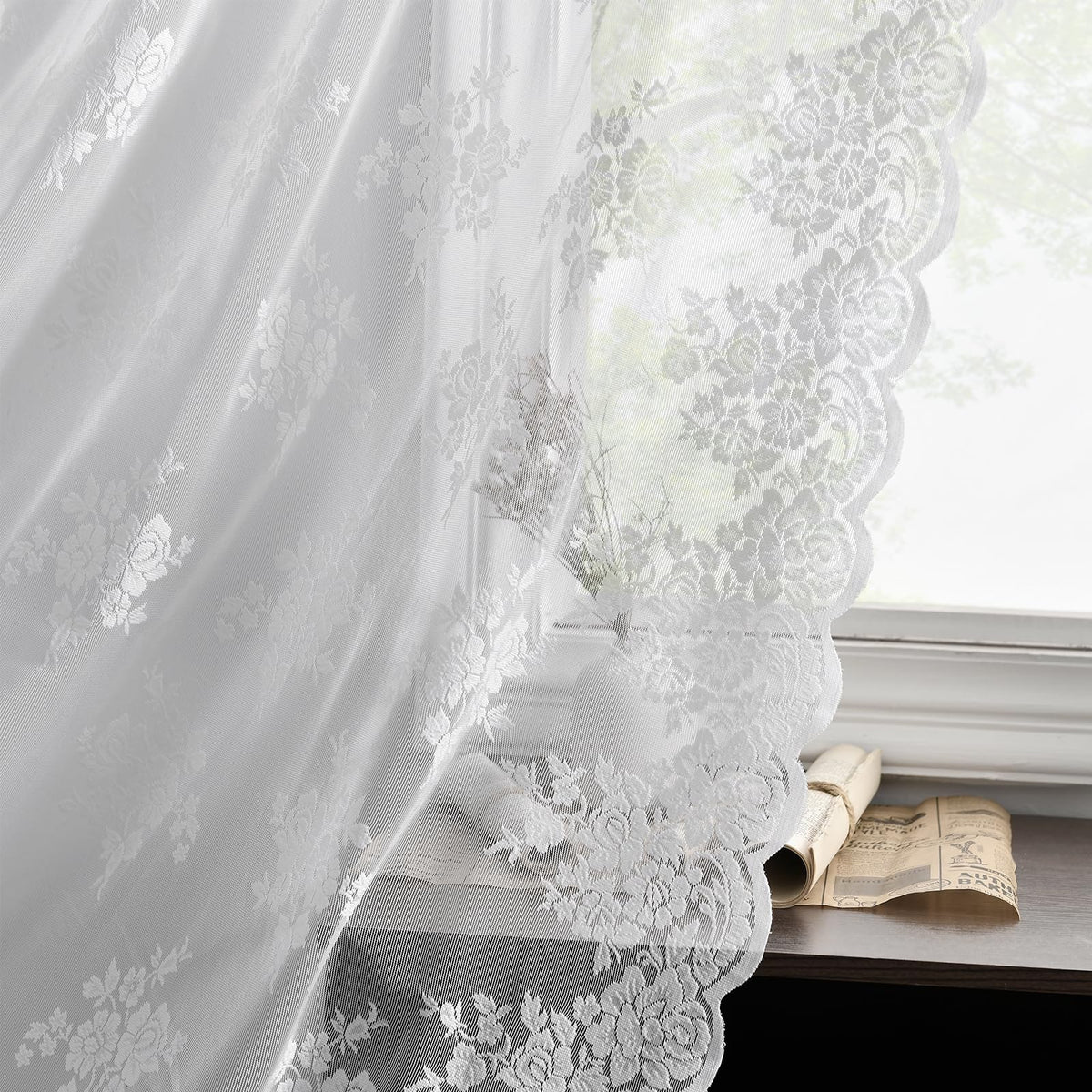 Kotile Short Beige Lace Curtains for Kitchen Windows W42xL45 Inch, 2 Panels