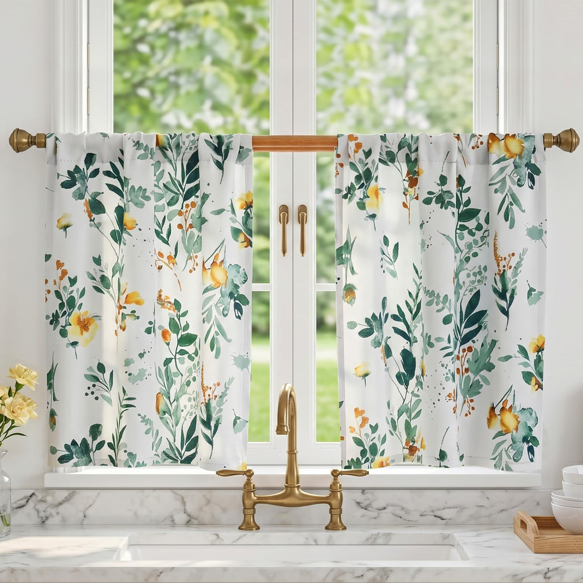 MYSKY HOME Floral Blackout Curtains 45 inch Length 2 Panels Yellow and Blue