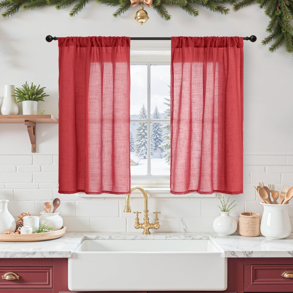 BGment Linen Kitchen Window Curtains Over Sink, 36 Inch Length Cafe Drapes