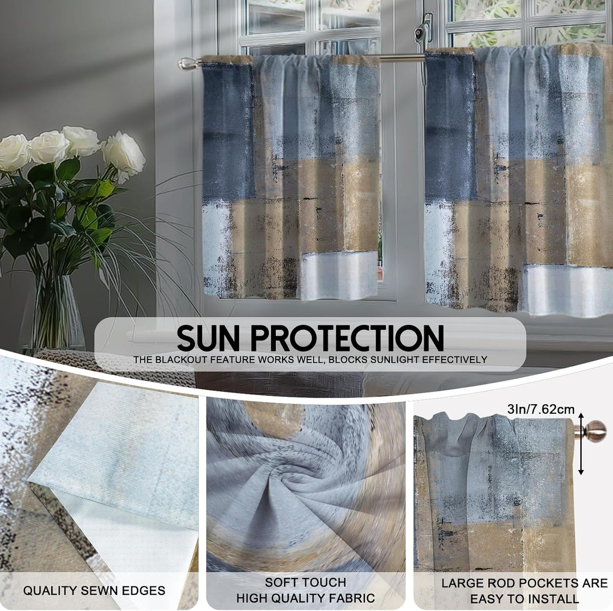 Blue Brown Kitchen Curtains Set, 3 Piece 52x36 Inch Valance & Tier Curtains