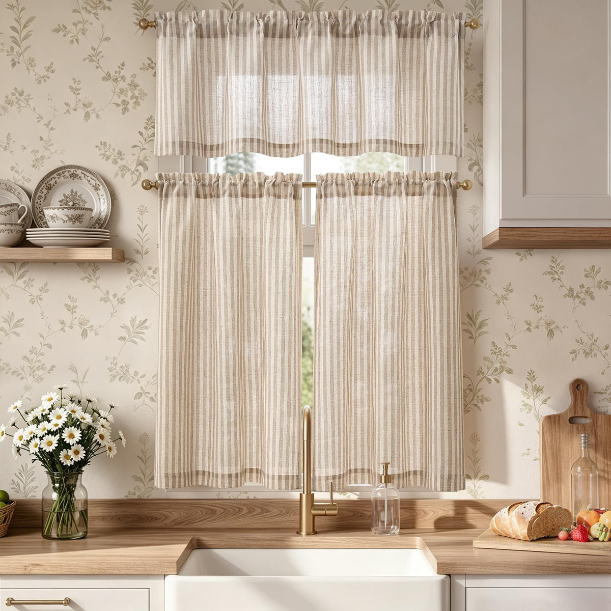 jinchan Sage Green Linen Kitchen Curtains and Valance Set Rod Pocket