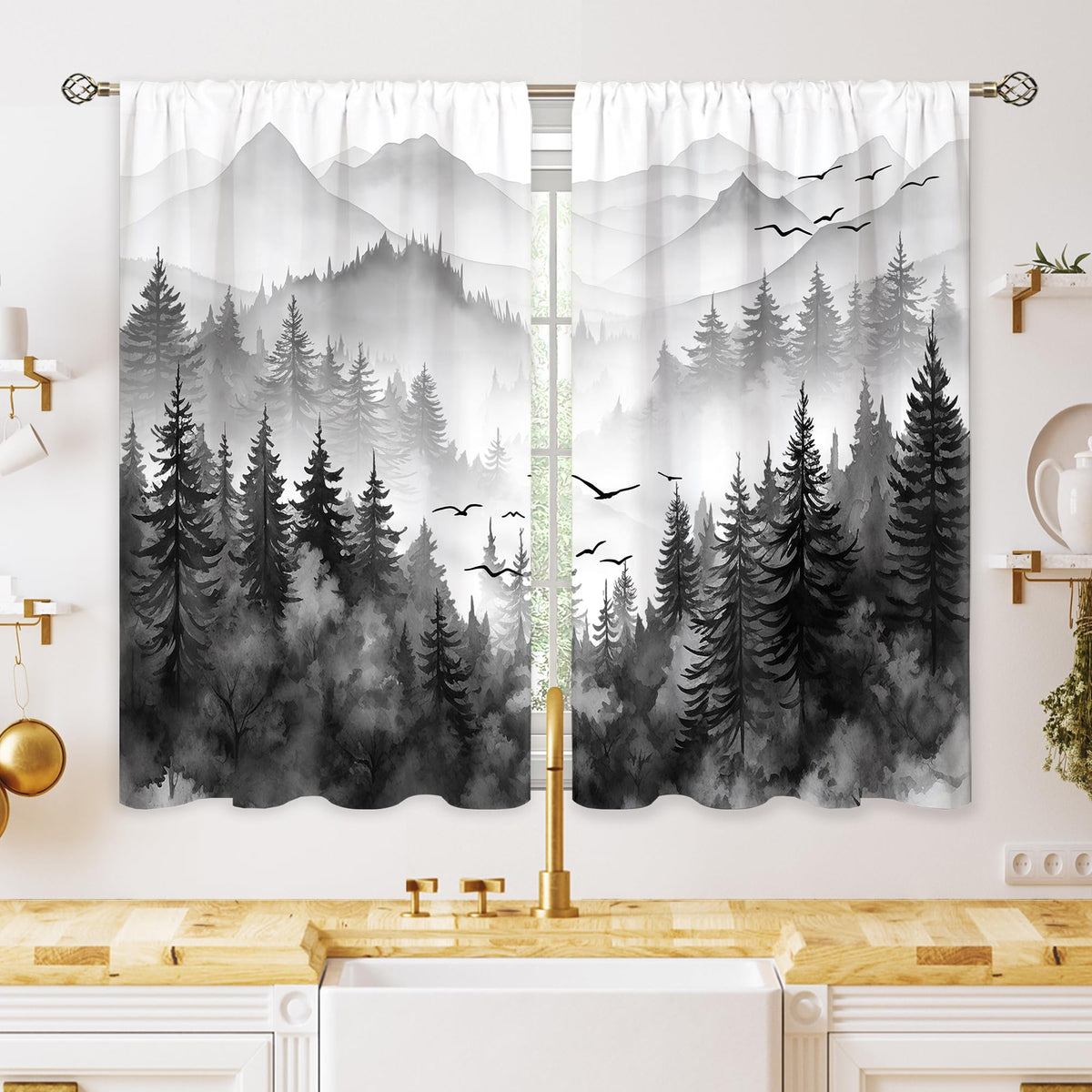 Green Boho Flower Small Kitchen Curtains Flower Plant Window Treatment Botanical Herb Chic Rod Pocket Cafe Short Window Curtains for Bathroom Dining Room Tier Treatment Drapes 27.5x39 inch